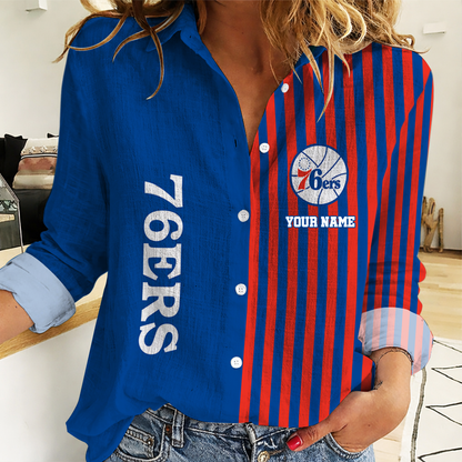 HOT DEAL - NEW CUSTOMIZED P76 PHILADELPHIA 76ERS WOMEN CASUAL SHIRT - NBA26