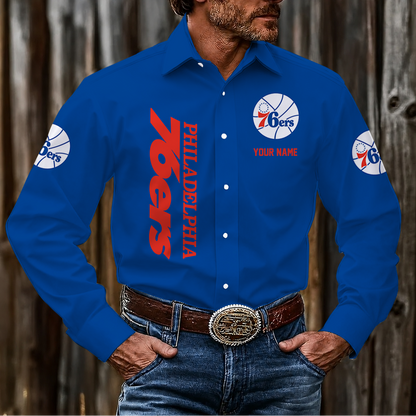 HOT DEAL - NEW CUSTOMIZED NBA26 P76 PHILADELPHIA 76ERS MEN'S LONG SLEEVE BUTTON-UP SHIRT