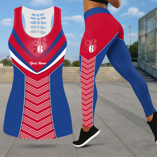 ELITE EDITION - NEW CUSTOMIZED NBA26 P76 PHILADELPHIA 76ERS LEGGINGS & HOLLOW TANK TOP SET