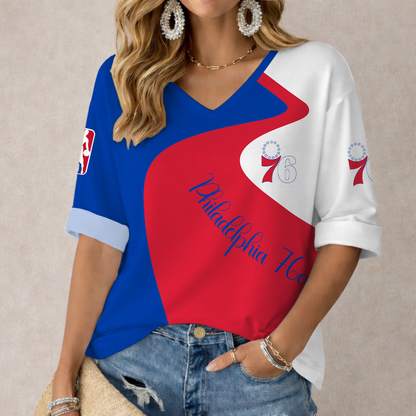 EXCLUSIVE EDITION - NEW CUSTOMIZED NBA26 P76 PHILADELPHIA 76ERS WOMEN'S V-NECK LONG SLEEVE SHIRT