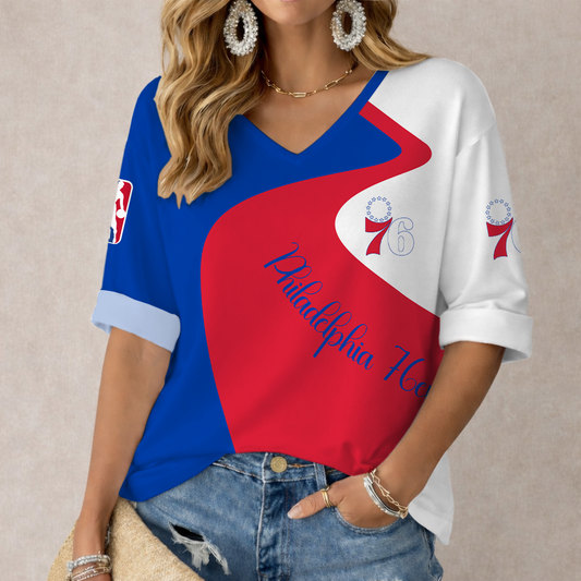 EXCLUSIVE EDITION - NEW CUSTOMIZED NBA26 P76 PHILADELPHIA 76ERS WOMEN'S V-NECK LONG SLEEVE SHIRT