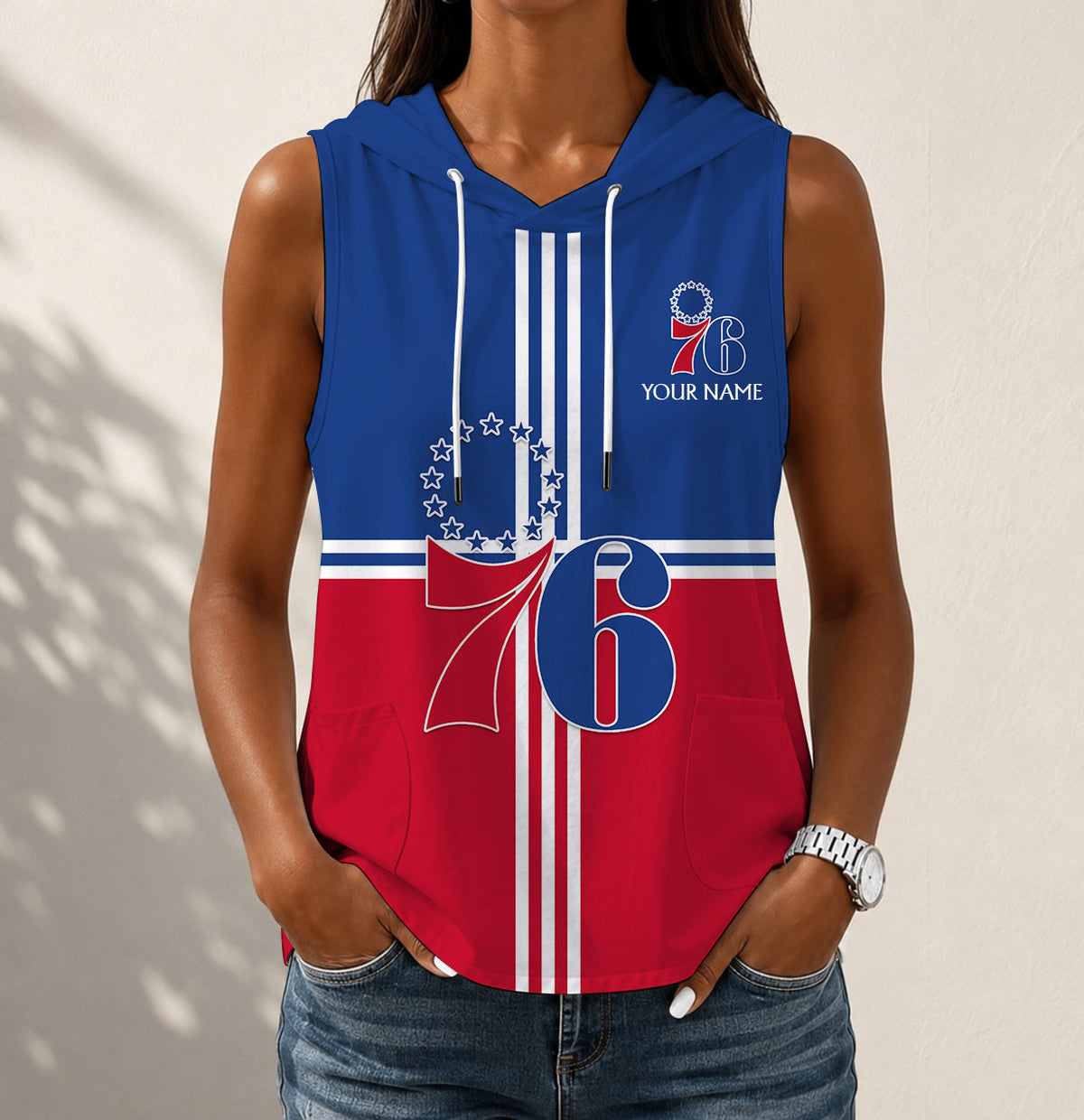 HOT DEAL - NEW CUSTOMIZED NBA26 P76 PHILADELPHIA 76ERS WOMEN'S SLEEVELESS HOODED POCKET TANK TOP