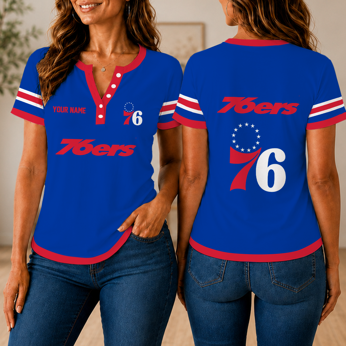 VIRAL EDITION - NEW CUSTOMIZED NBA26 P76 PHILADELPHIA 76ERS  WOMEN'S SHORT SLEEVE HENLEY T-SHIRT
