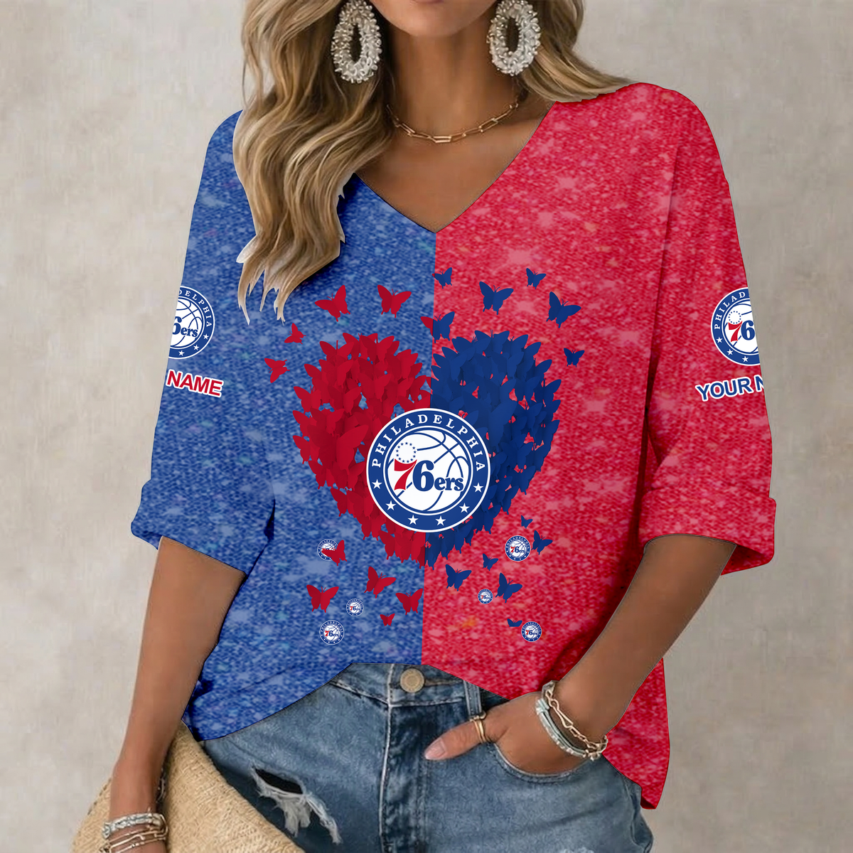 SPECIAL EDITION - NEW CUSTOMIZED P76 PHILADELPHIA 76ERS WOMEN'S HEART V-NECK LONG SLEEVE SHIRT - NBA26