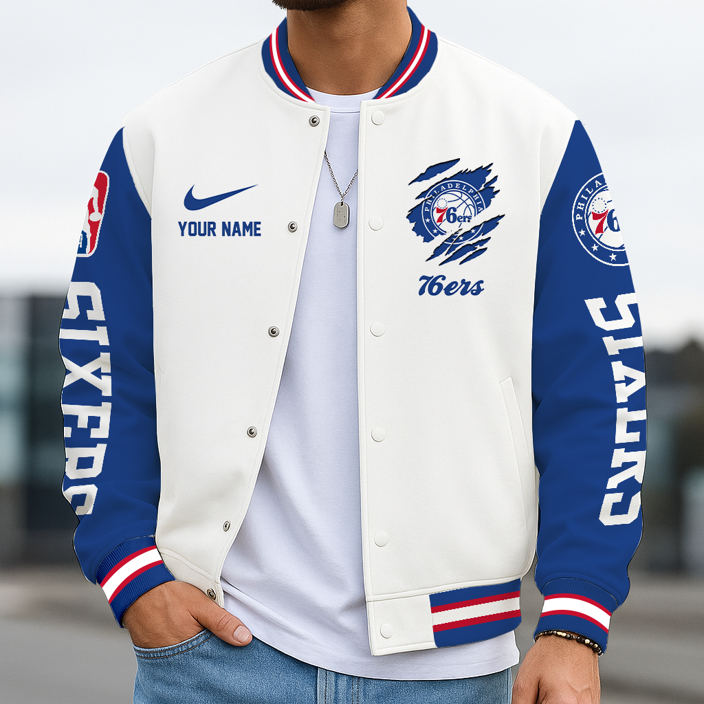 LIMITED DROP - NEW CUSTOMIZED P76 PH 76ERS BASEBALL JACKET, SATIN VARSITY JACKET - NBA26