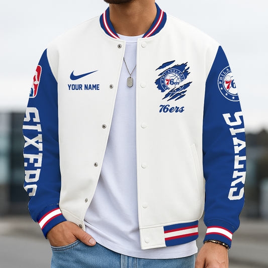 LIMITED DROP - NEW CUSTOMIZED P76 PH 76ERS BASEBALL JACKET, SATIN VARSITY JACKET - NBA26