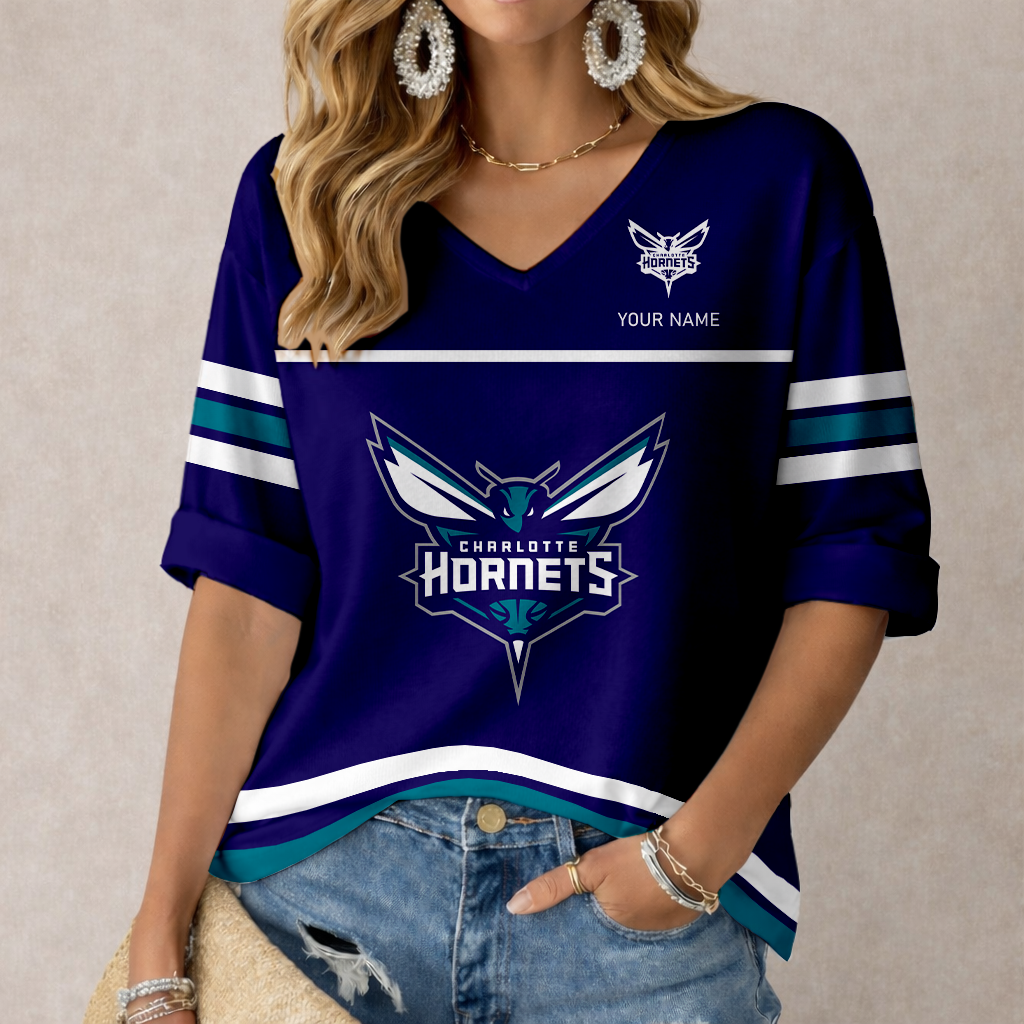 ELITE EDITION - NEW CUSTOMIZED CHO CHARLOTTE HORNETS WOMEN'S HEART V-NECK LONG SLEEVE SHIRT - NBA27