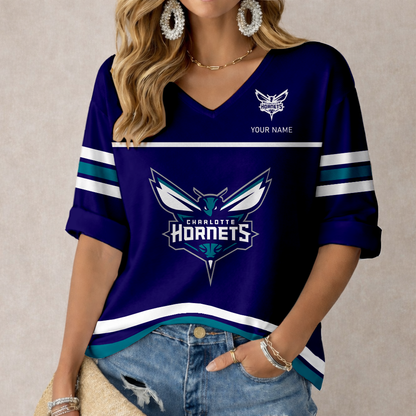 ELITE EDITION - NEW CUSTOMIZED CHO CHARLOTTE HORNETS WOMEN'S HEART V-NECK LONG SLEEVE SHIRT - NBA27