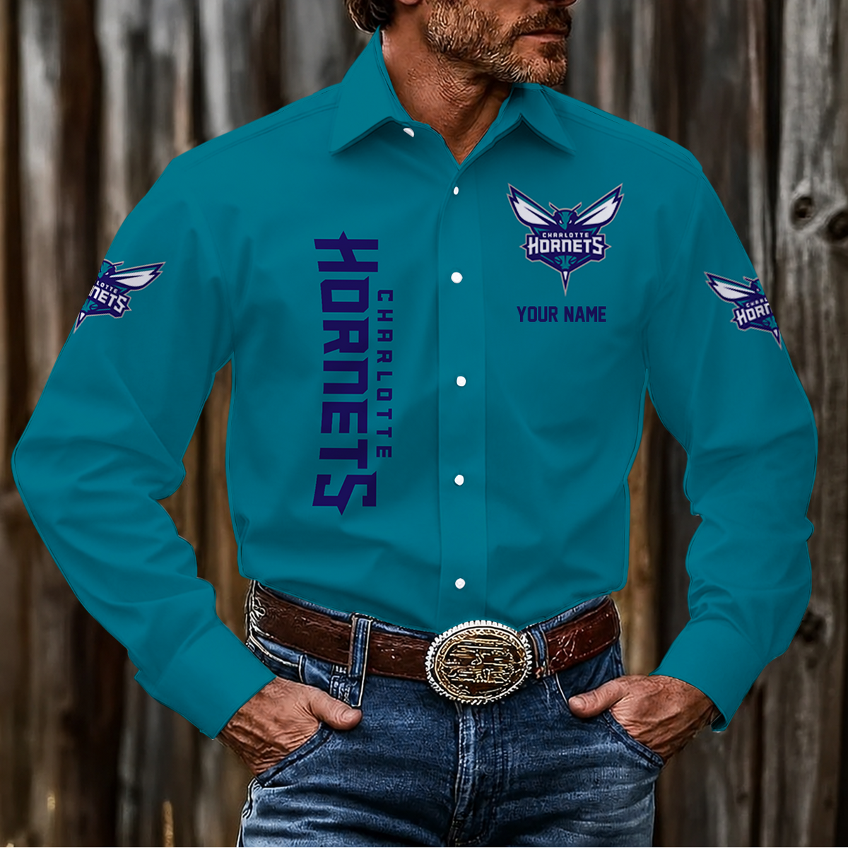 HOT DEAL - NEW CUSTOMIZED NBA27 CHO CHARLOTTE HORNETS MEN'S LONG SLEEVE BUTTON-UP SHIRT
