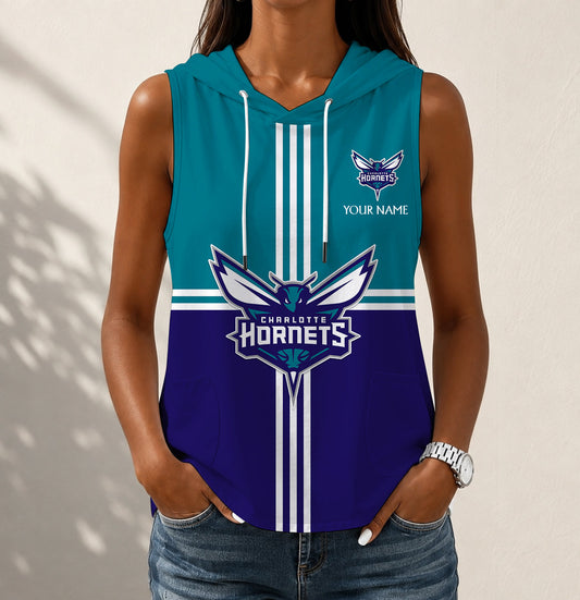 HOT DEAL - NEW CUSTOMIZED NBA27 CHO CHARLOTTE HORNETS WOMEN'S SLEEVELESS HOODED POCKET TANK TOP