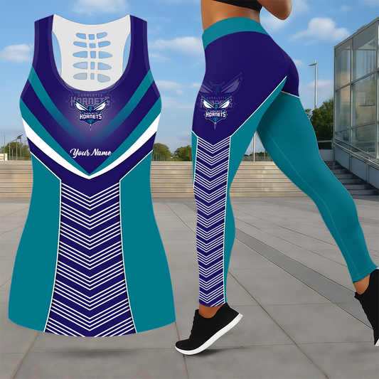 ELITE EDITION - NEW CUSTOMIZED NBA27 CHO CHARLOTTE HORNETS LEGGINGS & HOLLOW TANK TOP SET