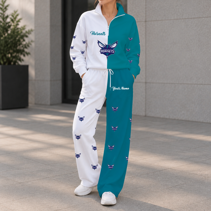 EXCLUSIVE EDITION - NEW CUSTOMIZED NBA27 CHO CHARLOTTE HORNETS ZIPPER SWEATSHIRT & WIDE LEG PANTS SET