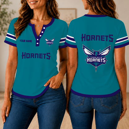 VIRAL EDITION - NEW CUSTOMIZED NBA27 CHO CHARLOTTE HORNETS  WOMEN'S SHORT SLEEVE HENLEY T-SHIRT