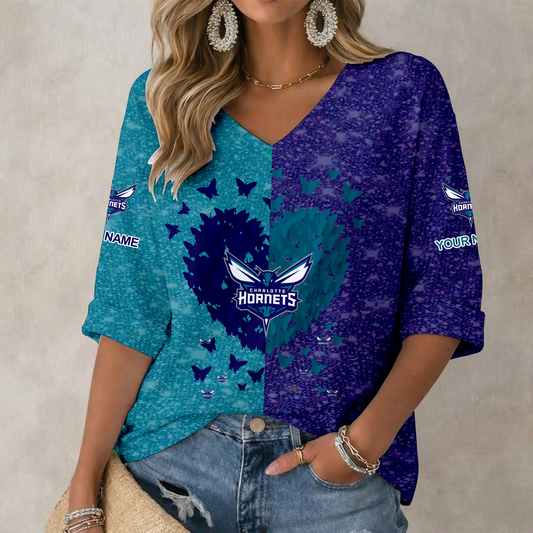 SPECIAL EDITION - NEW CUSTOMIZED CHO CHARLOTTE HORNETS WOMEN'S HEART V-NECK LONG SLEEVE SHIRT - NBA27