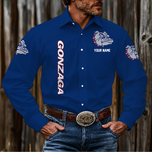 VIRAL EDITION - NEW CUSTOMIZED NCAA MAM27 GOB GONZAGA BULLDOGS MEN'S LONG SLEEVE BUTTON-UP SHIRT