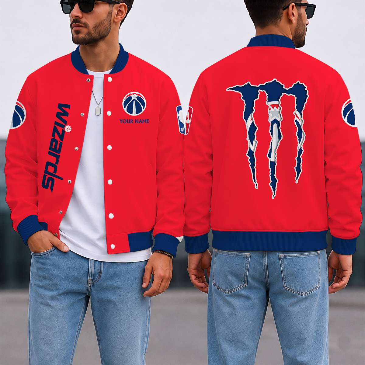 SPECIAL EDITION - NEW CUSTOMIZED NBA28 WWI WASHINGTON WIZARDS BASEBALL JACKET, SATIN VARSITY JACKET