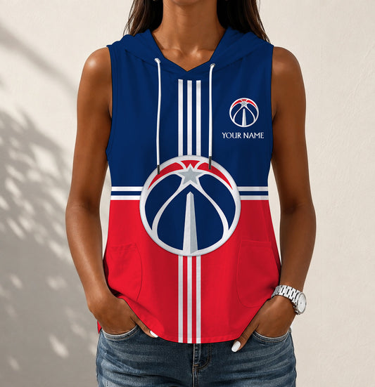 HOT DEAL - NEW CUSTOMIZED NBA28 WWI WASHINGTON WIZARDS WOMEN'S SLEEVELESS HOODED POCKET TANK TOP