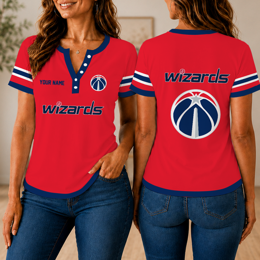 VIRAL EDITION - NEW CUSTOMIZED NBA28 WWI WASHINGTON WIZARDS  WOMEN'S SHORT SLEEVE HENLEY T-SHIRT