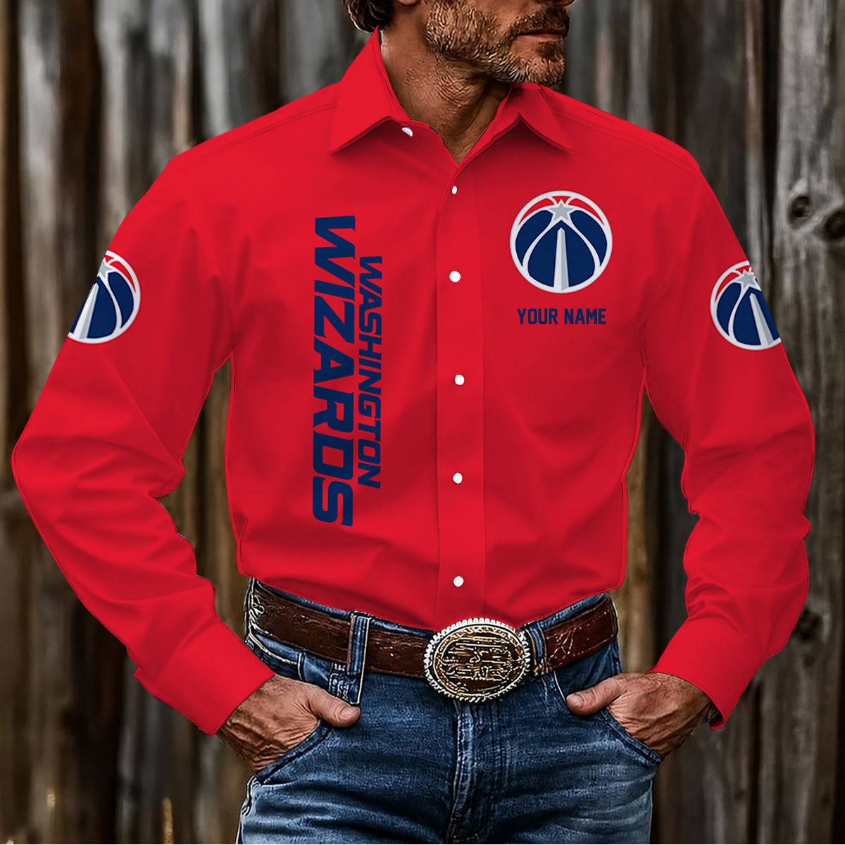 HOT DEAL - NEW CUSTOMIZED NBA28 WWI WASHINGTON WIZARDS MEN'S LONG SLEEVE BUTTON-UP SHIRT