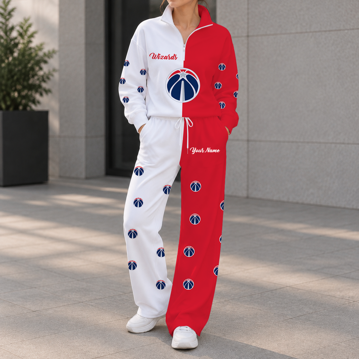 EXCLUSIVE EDITION - NEW CUSTOMIZED NBA28 WWI WASHINGTON WIZARDS ZIPPER SWEATSHIRT & WIDE LEG PANTS SET