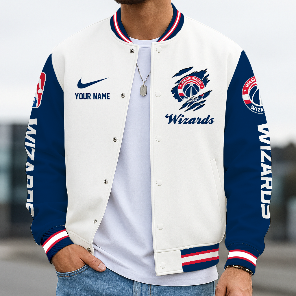 LIMITED DROP - NEW CUSTOMIZED WWI WA WIZARDS BASEBALL JACKET, SATIN VARSITY JACKET - NBA28
