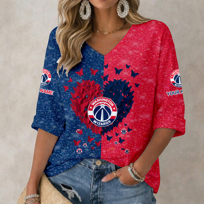 SPECIAL EDITION - NEW CUSTOMIZED WWI WASHINGTON WIZARDS WOMEN'S HEART V-NECK LONG SLEEVE SHIRT - NBA28