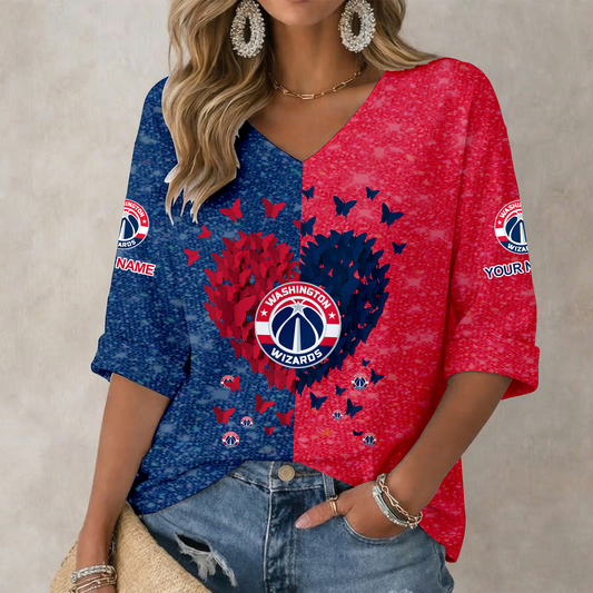 SPECIAL EDITION - NEW CUSTOMIZED WWI WASHINGTON WIZARDS WOMEN'S HEART V-NECK LONG SLEEVE SHIRT - NBA28