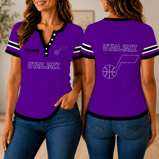 VIRAL EDITION - NEW CUSTOMIZED NBA29 UJZ UTAH JAZZ  WOMEN'S SHORT SLEEVE HENLEY T-SHIRT