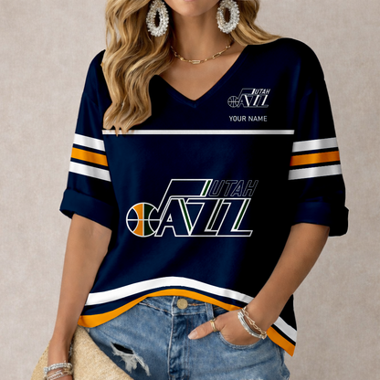 ELITE EDITION - NEW CUSTOMIZED UJZ UTAH JAZZ WOMEN'S HEART V-NECK LONG SLEEVE SHIRT - NBA29