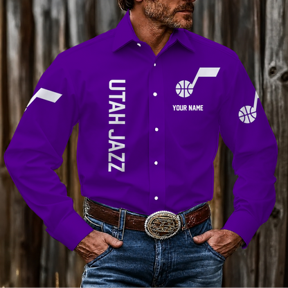 HOT DEAL - NEW CUSTOMIZED NBA29 UJZ UTAH JAZZ MEN'S LONG SLEEVE BUTTON-UP SHIRT