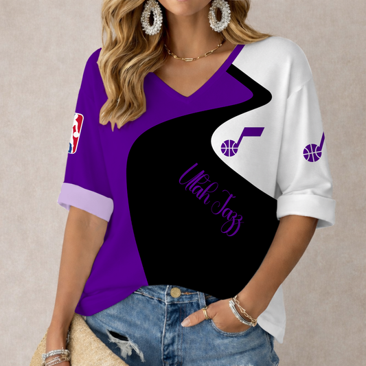 EXCLUSIVE EDITION - NEW CUSTOMIZED NBA29 UJZ UTAH JAZZ WOMEN'S V-NECK LONG SLEEVE SHIRT