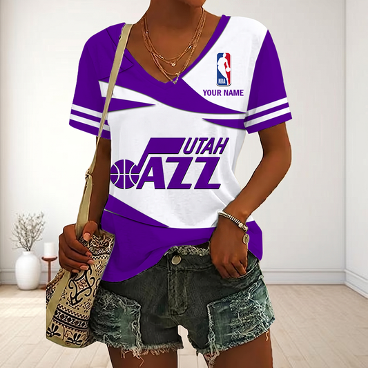 EXCLUSIVE EDITION - NEW CUSTOMIZED NBA29 UJZ UTAH JAZZ V-NECK FEMALE SHIRT