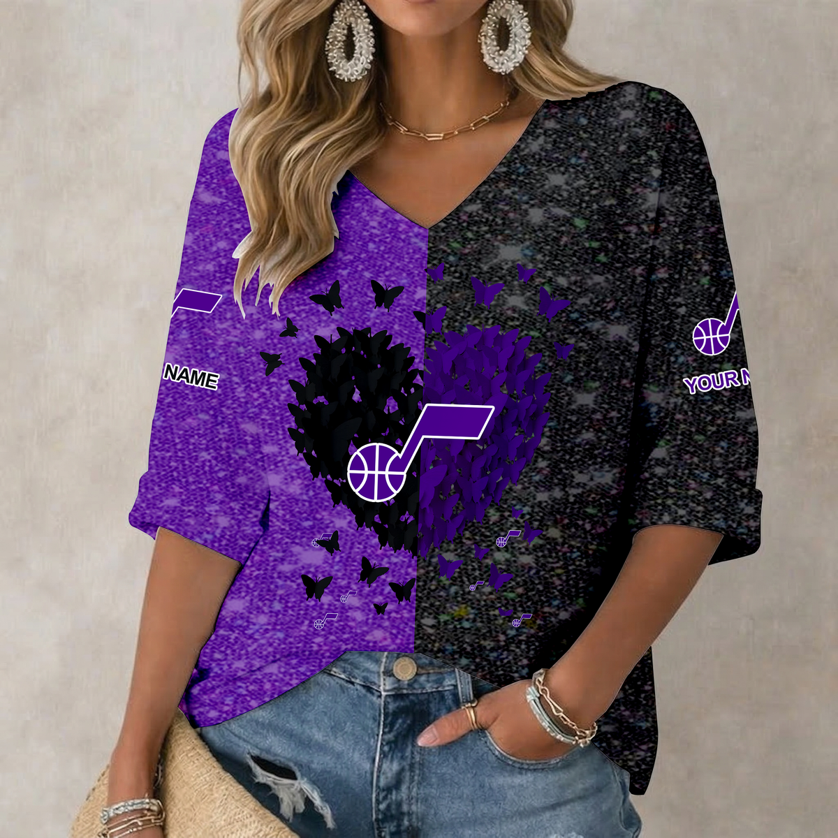 SPECIAL EDITION - NEW CUSTOMIZED UJZ UTAH JAZZ WOMEN'S HEART V-NECK LONG SLEEVE SHIRT - NBA29