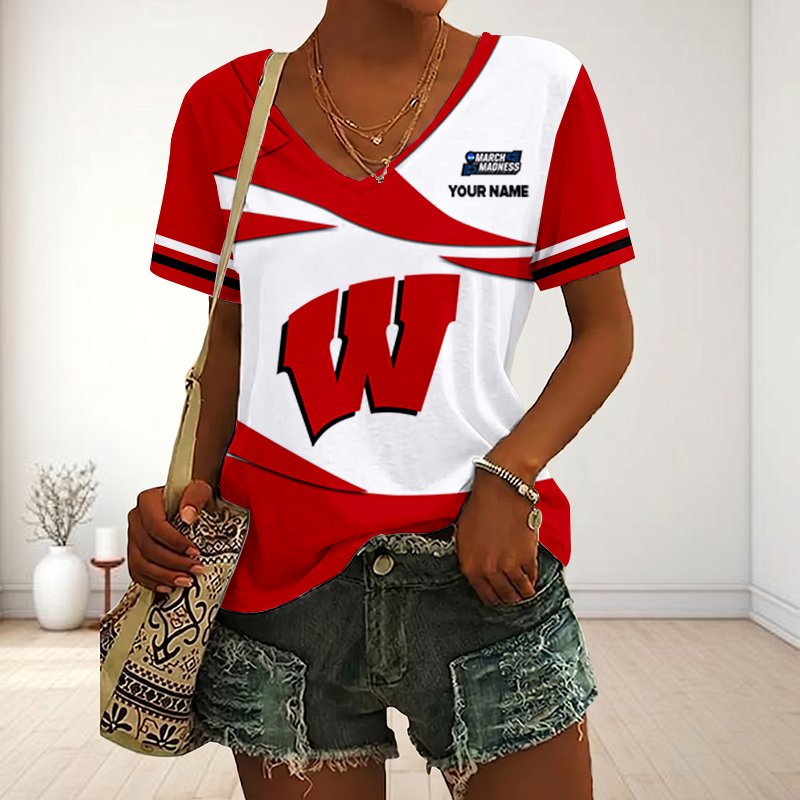 SPECIAL EDITON - NEW CUSTOMIZED MAM NCAA29 WSB WS BADGERS V-NECK FEMALE SHIRT