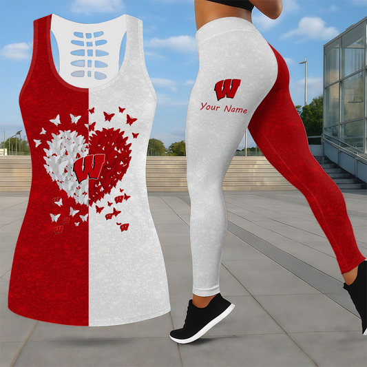 MEGA SALE - NEW CUSTOMIZED NCAA MAM29 WSB WISCONSIN BADGERS LEGGINGS & HOLLOW TANK TOP SET