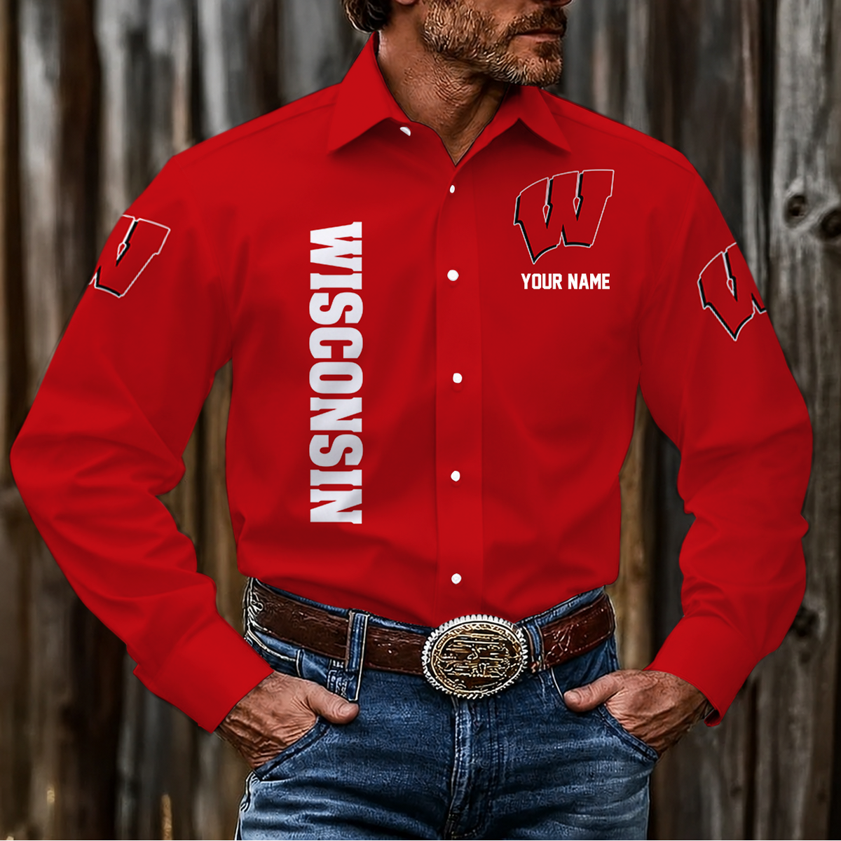 VIRAL EDITION - NEW CUSTOMIZED NCAA MAM29 WSB WISCONSIN BADGERS MEN'S LONG SLEEVE BUTTON-UP SHIRT