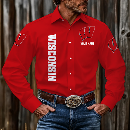 VIRAL EDITION - NEW CUSTOMIZED NCAA MAM29 WSB WISCONSIN BADGERS MEN'S LONG SLEEVE BUTTON-UP SHIRT