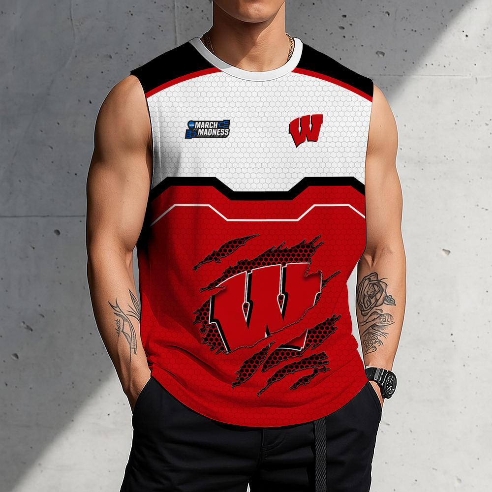 HOT DEAL - NEW CUSTOMIZED NCAA MAM29 WSB WISCONSIN BADGERS MEN'S GYM SHIRT