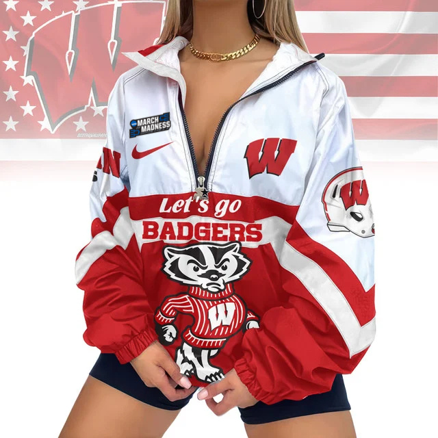 FINAL SALE - NEW CUSTOMIZED MAM NCAA29 WSB WS BADGERS V-NECK ZIPPER SWEATSHIRT JACKET