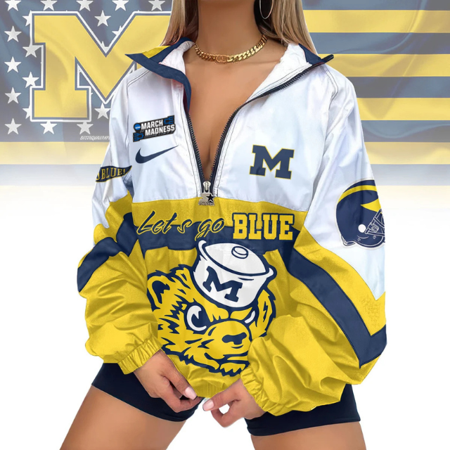 FINAL SALE - NEW CUSTOMIZED MAM NCAA02 MIW MI WOLVERINES V-NECK ZIPPER SWEATSHIRT JACKET