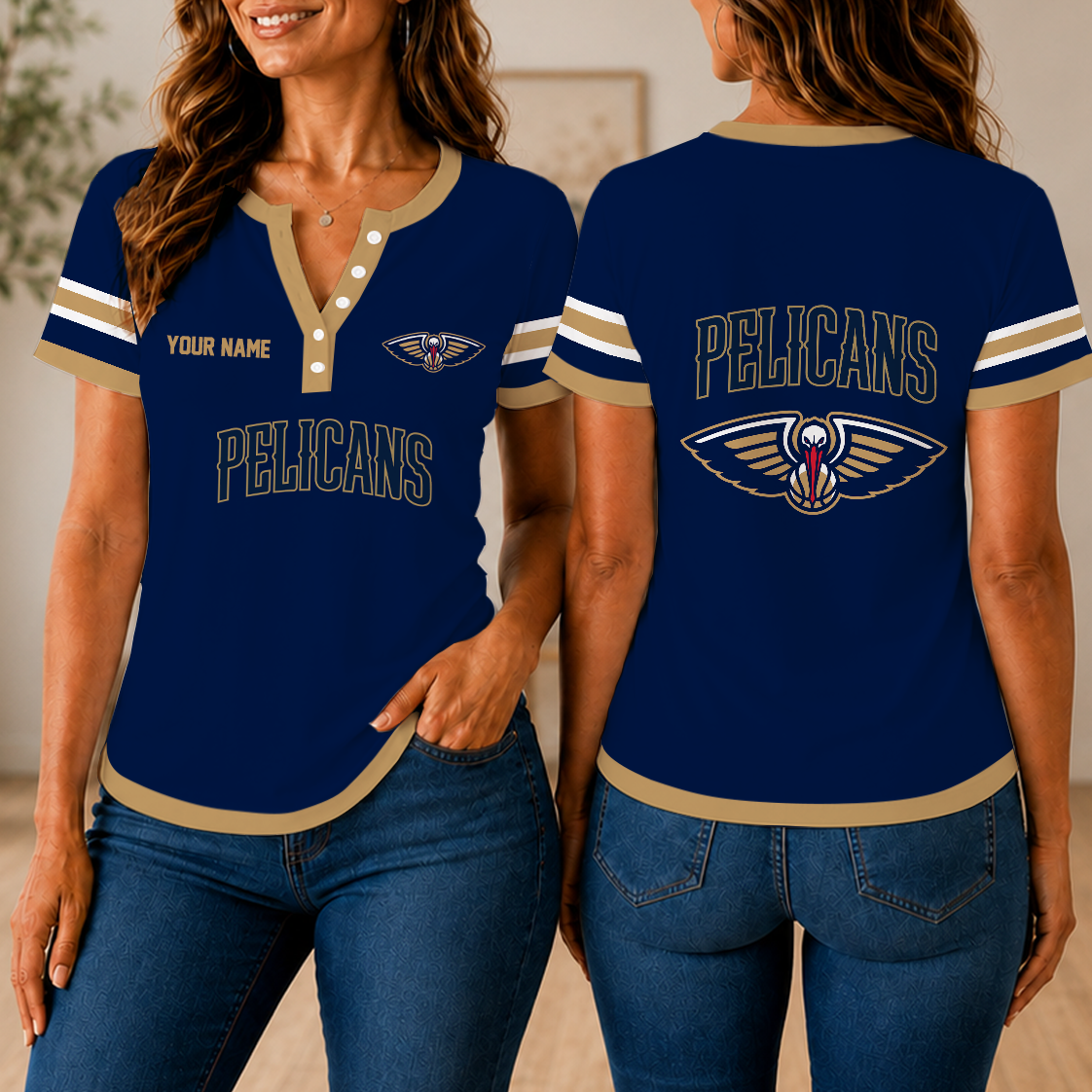 VIRAL EDITION - NEW CUSTOMIZED NBA30 NOP NEW ORLEANS PELICANS  WOMEN'S SHORT SLEEVE HENLEY T-SHIRT