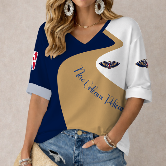 EXCLUSIVE EDITION - NEW CUSTOMIZED NBA30 NOP NEW ORLEANS PELICANS WOMEN'S V-NECK LONG SLEEVE SHIRT