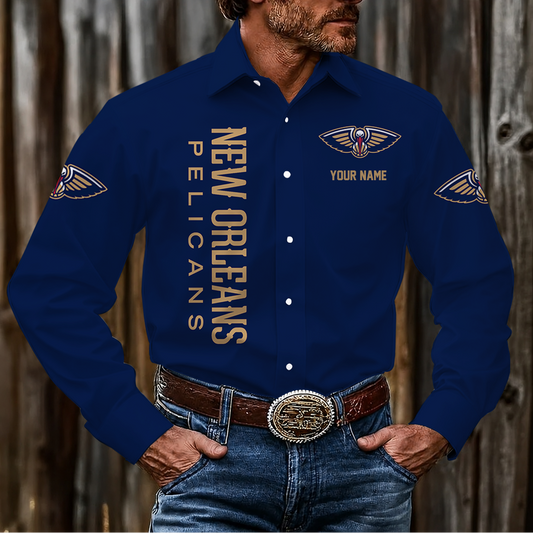 HOT DEAL - NEW CUSTOMIZED NBA30 NOP NEW ORLEANS PELICANS MEN'S LONG SLEEVE BUTTON-UP SHIRT