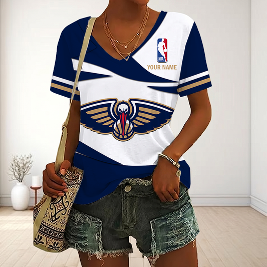 EXCLUSIVE EDITION - NEW CUSTOMIZED NBA30 NOP NEW ORLEANS PELICANS V-NECK FEMALE SHIRT