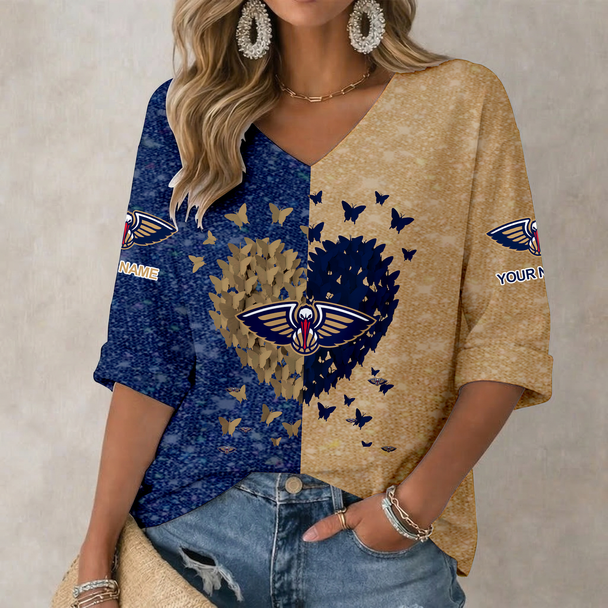 SPECIAL EDITION - NEW CUSTOMIZED NOP NEW ORLEANS PELICANS WOMEN'S HEART V-NECK LONG SLEEVE SHIRT - NBA30