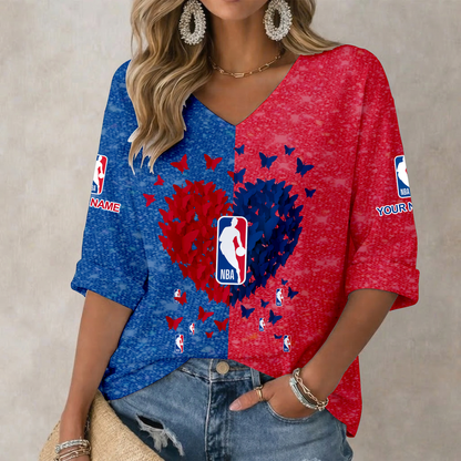 SPECIAL EDITION - NEW CUSTOMIZED NATIONAL BASKETBALL ASSOCIATION WOMEN'S HEART V-NECK LONG SLEEVE SHIRT - NBA31