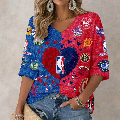 SPECIAL EDITION - NEW CUSTOMIZED NBA ALL TEAMS WOMEN'S HEART V-NECK LONG SLEEVE SHIRT - NBA32