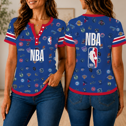 VIRAL EDITION - NEW CUSTOMIZED NBA32 ALL TEAMS  WOMEN'S SHORT SLEEVE HENLEY T-SHIRT