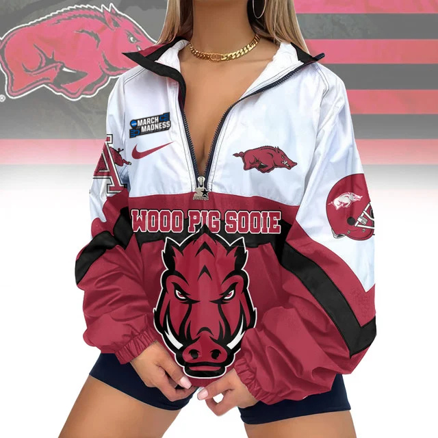 FINAL SALE - NEW CUSTOMIZED MAM NCAA06 AKR AK RAZORBACKS V-NECK ZIPPER SWEATSHIRT JACKET