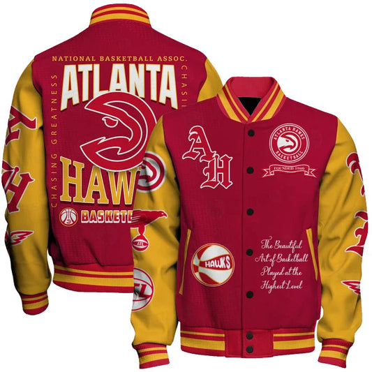 LIMITED EDITION - NEW CUSTOMIZED AHA ATLANTA HAWKS BASEBALL JACKET, SATIN VARSITY JACKET - NBA17